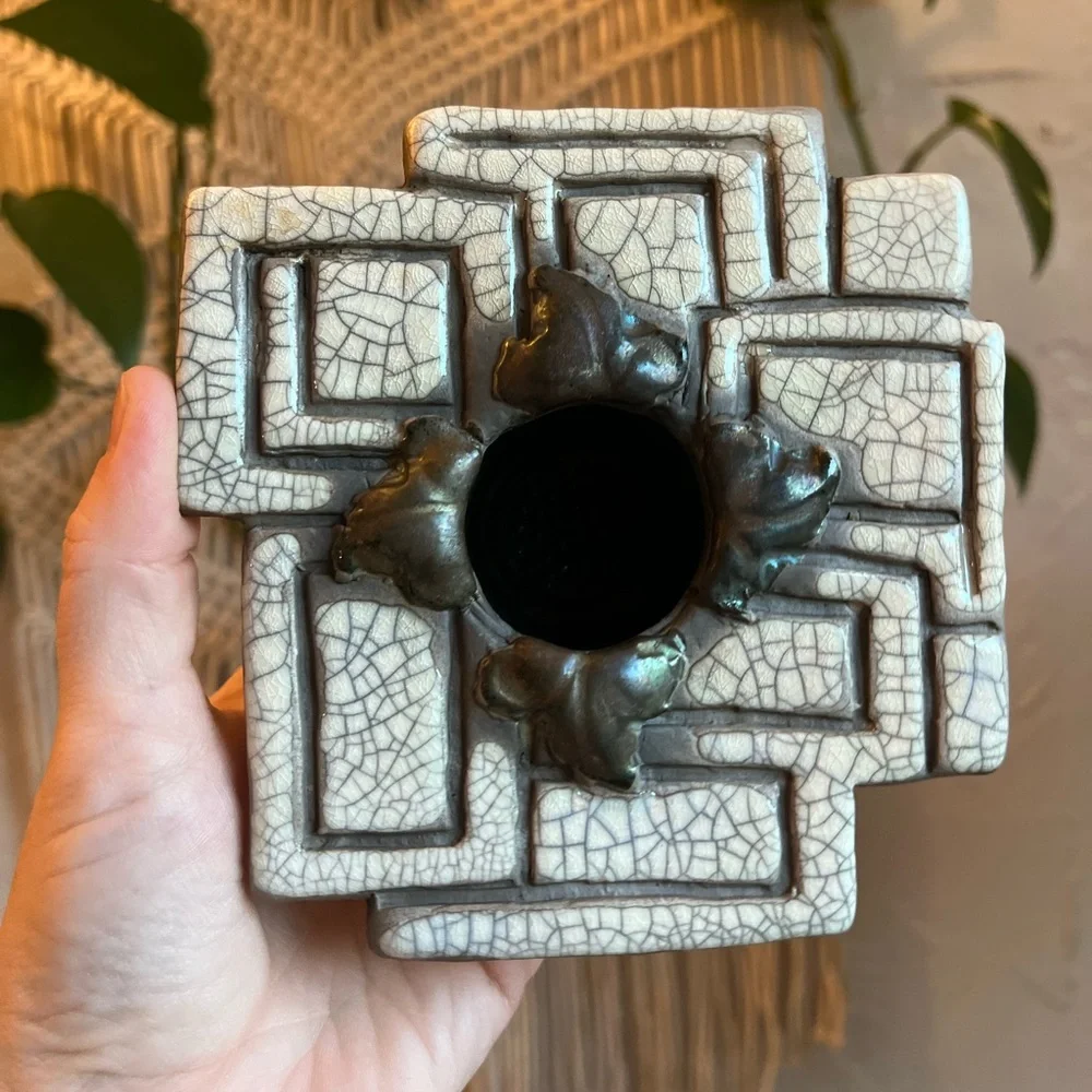 Vintage Japanese Prolon Ikebana Flower Frog • Ceramic Raku-Style Kenzan Holder